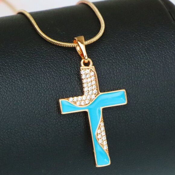 "Rose Gold Cross Pendant with Aqua Enamel and Sparkling Stones, XPPT1508 - Picture 1 of 11